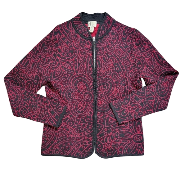 Neve Zip Front 100% Wool Cardigan Sweater Floral Stencil Pattern Black & Red LG - Picture 1 of 10